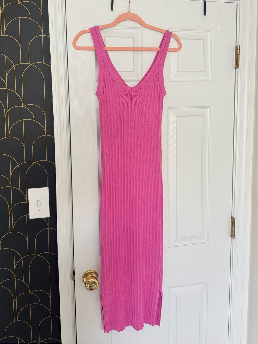 Pink Rose Ribbed Midi Dress in Bright Pink